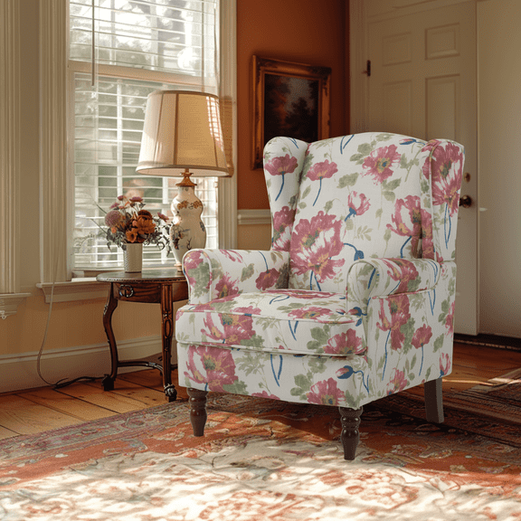 MELLCOM Vintage Accent Chair, High Back Upholstered Armchair with Solid Legs, Leisure Single Sofa Chair for Living Room, Bedroom, Home Office, Pink Floral