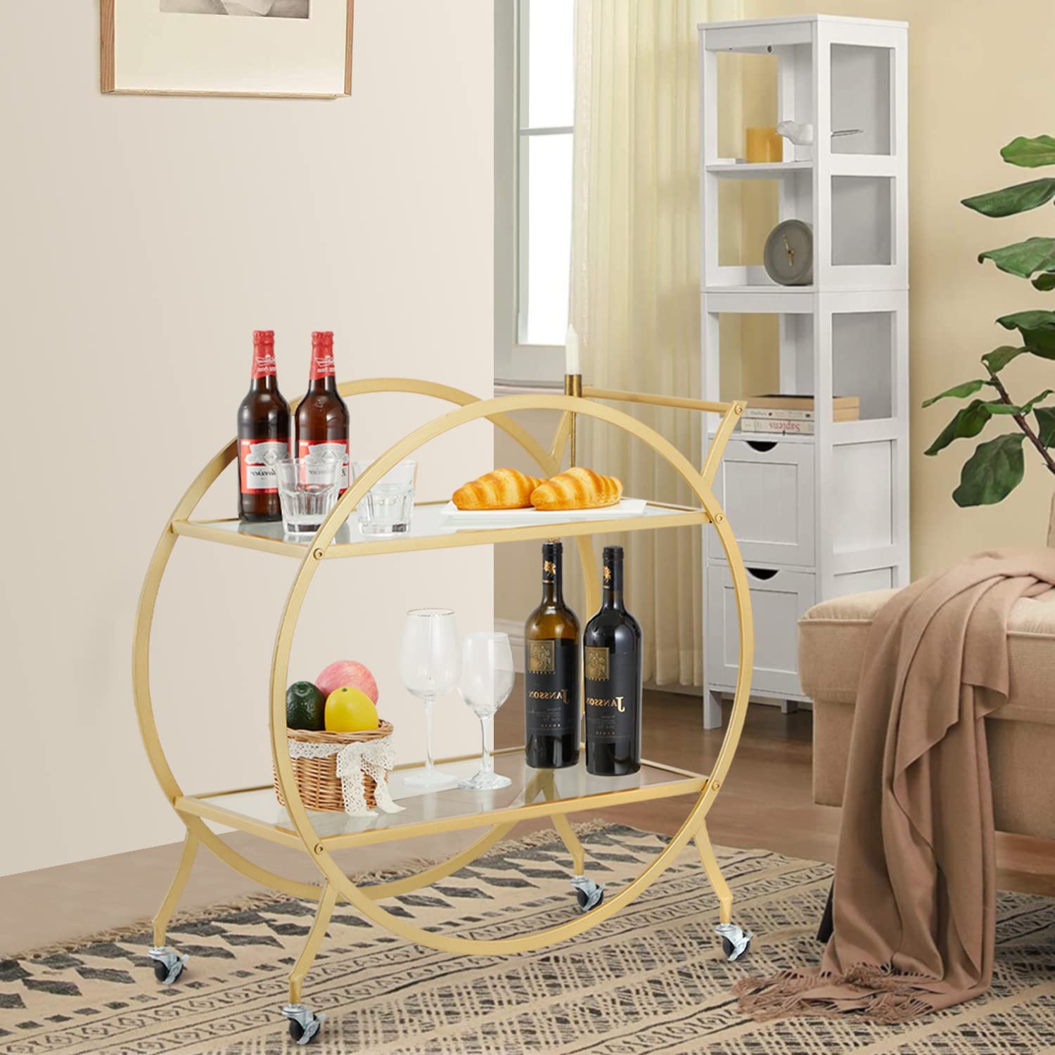 Hommow Gold Finish Bar Cart, Two Tier Metal Serving Cart, MidCentury