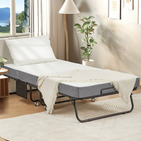 Hommow Metal Frame Folding Bed, Folding Cot, Rollaway Guest Bed w/ 5" Memory Foam Mattress