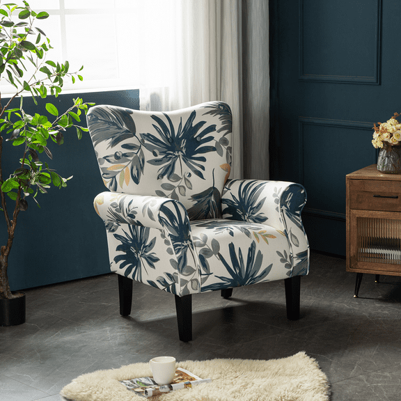 Hommow Mid Century Wingback Arm Chair,High Back Accent Chair,Blue Leaf