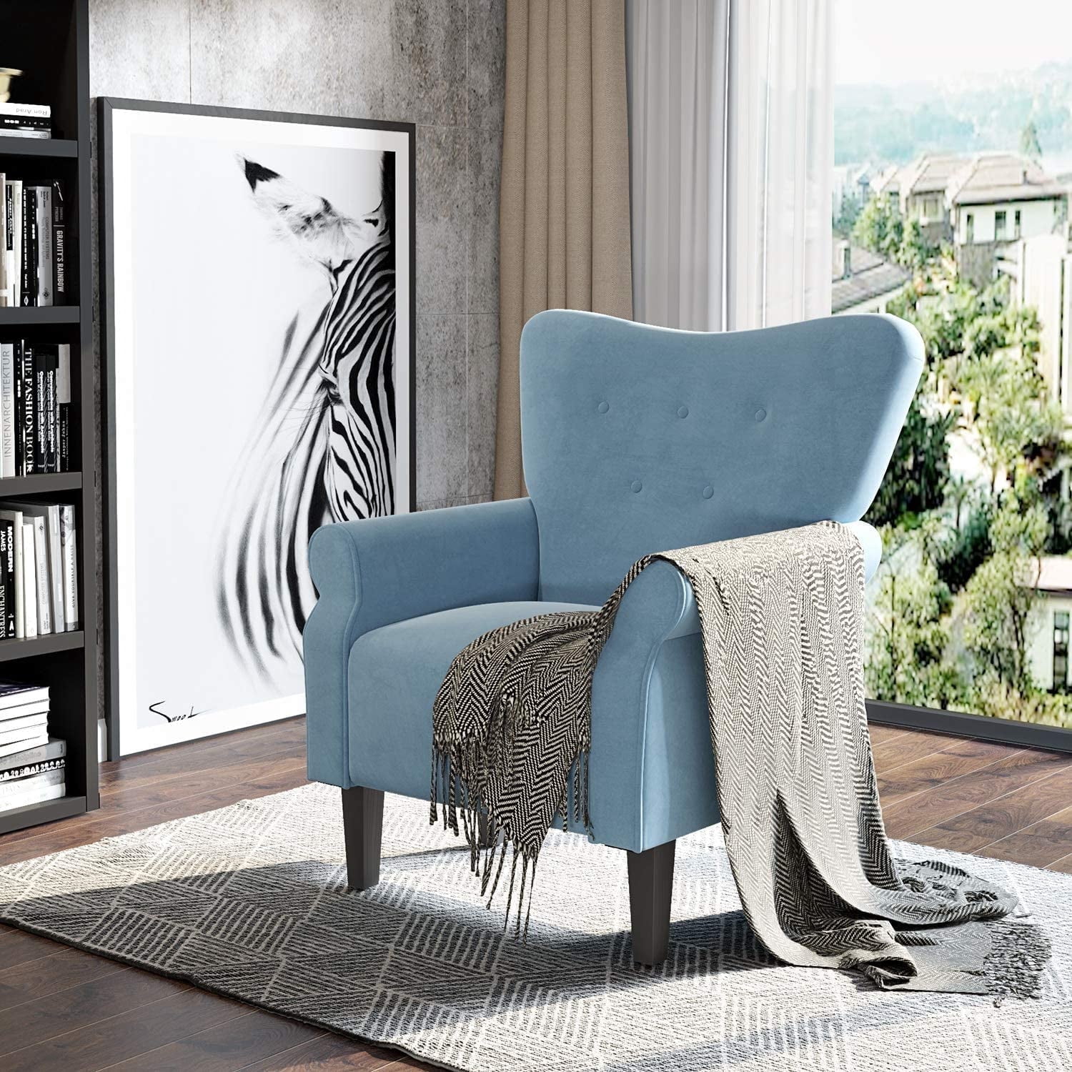 Hommow Mid Century Wingback Arm Chair,High Back Accent Chair,Blue