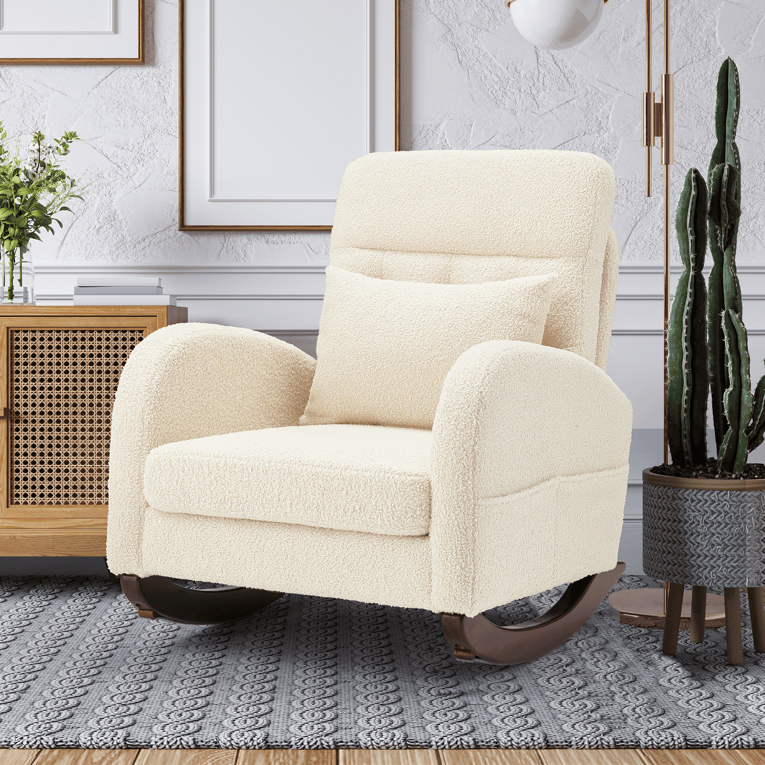 Beige Teddy Fleece Rocking Chair with Solid Wood Base