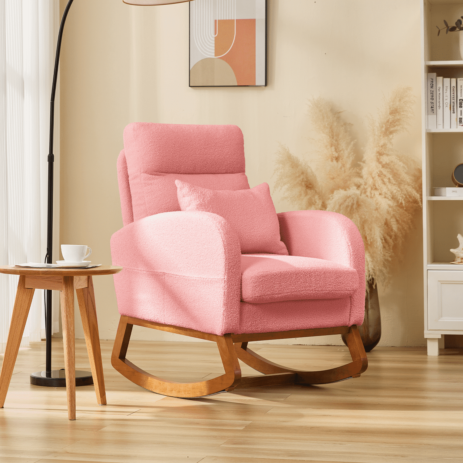 Hommow Rocking Chair Indoor Glider Chair with Sturdy Solid Wood Base Rocking Accent Chair with Pillow and Blanket Nursery Rocking Chair for Living Room Bedroom Baby Room Pink Walmart