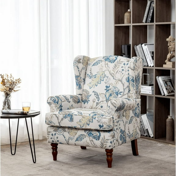 Hommow Upholstered Accent Chair, Floral Print Fabric Armchair,Blue