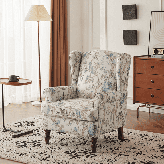 Hommow Vintage Floral Print Upholstered Armchair, White, with Dark Wood Legs