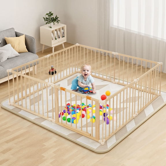 HOMMOW Wooden Playpen, Baby Play Fence, Toddler Playpen with Locking Gate, Adjustable Shape, Large
