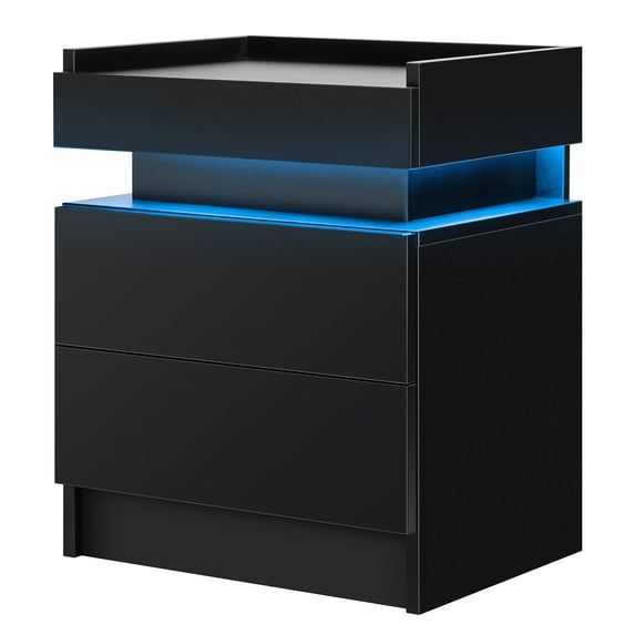 Hommpa 1pc LED Nightstand High Gloss Modern 2 Drawer Bedside End Table Black
