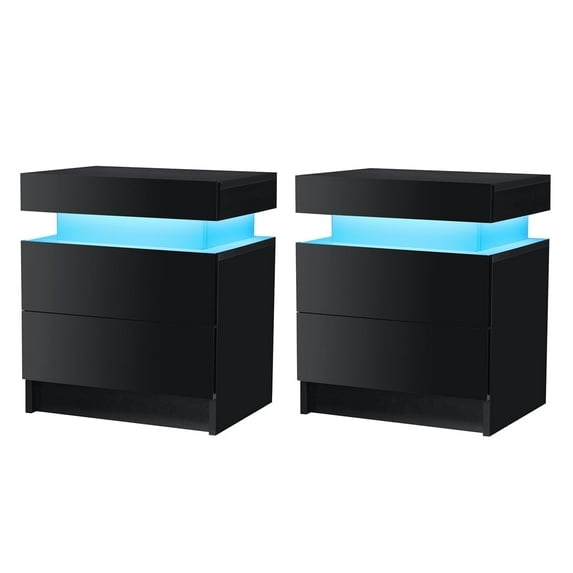 Hommpa set of 2 Modern Nightstand with LED Light High Gloss Bedside Tables for Bedroom, Night Stand with 2 Drawer Side Table Cabinet, Black