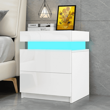 Hommpa 2 Drawer Modern Nightstand with RGB LED Light High Gloss Bedside Tables for Bedroom White