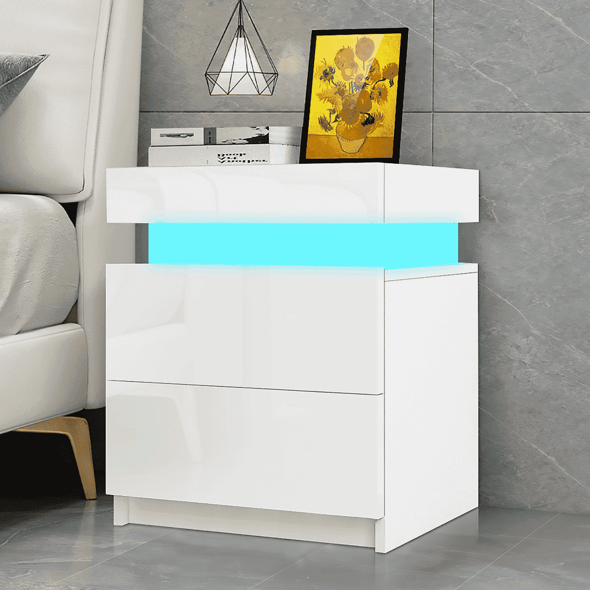 Hommpa 2 Drawer Modern Nightstand with RGB LED Light High Gloss Bedside Tables for Bedroom White