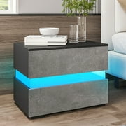 STONEWAY Hommpa 2 Drawer Nightstand with LED Lights Modern Bedside Table Smart Led Night Stands Gray Black Texture Finish Side Table for Bedroom Low Profile Platform Bed 23.6x15.4x17.8 inch