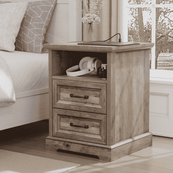 Hommpa 2 Drawers Farmhouse Nightstand with Charging Station, Rustic Bedside Tbale with Drawers for Bedroom, Vintage End Table with Open Shelf for Living Room,Light Ivory