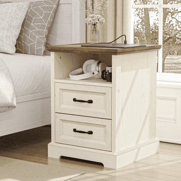 Hommpa 2 Drawers Farmhouse Nightstand with Charging Station, Rustic Bedside Tbale with Drawers for Bedroom, Vintage End Table with Open Shelf for Living Room, Side Table, White