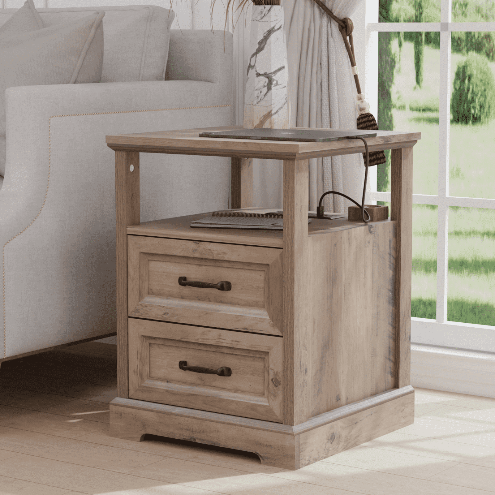 Hommpa Farmhouse End Tables for Living Room, Nightstand with Charging Station, Rustic Sofa Side Table with 2 Drawers and Storage Shelf, Bedside Cabinet for Bedroom, Light Ivory