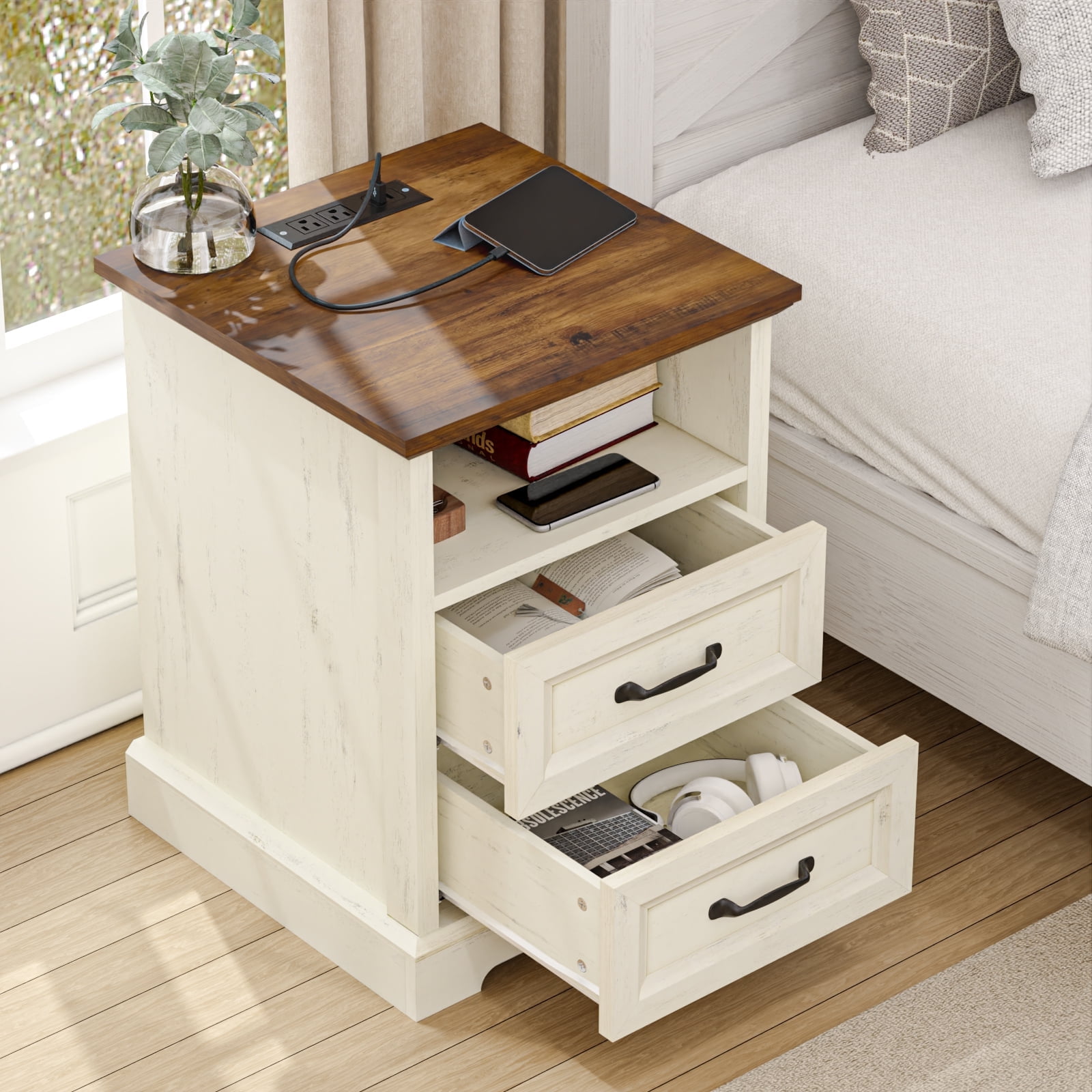 Hommpa 2 Drawers Farmhouse Nightstand with Charging Station, Rustic Bedside Tbale with Drawers for Bedroom, Vintage End Table with Open Shelf for Living Room, Side Table, White