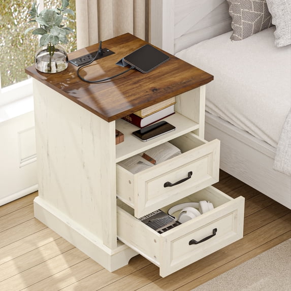 Hommpa 2 Drawers Farmhouse Nightstand with Charging Station, Rustic Bedside Tbale with Drawers for Bedroom, Vintage End Table with Open Shelf for Living Room, Side Table, White