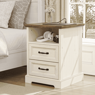 Hommpa 2 Drawers Farmhouse Nightstand with Charging Station, Rustic Bedside Tbale with Drawers for Bedroom, Vintage End Table with Open Shelf for Living Room, Side Table, White