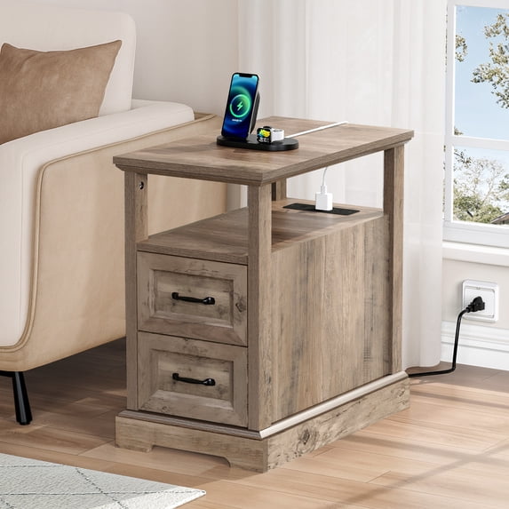 Hommpa 2 Drawers End Tables With Charging Station For Living Room, Farmhouse Narrow Sofa Side Table For Small Spaces, Nightstand Bedside Table with Storage For Bedroom, Light Ivory