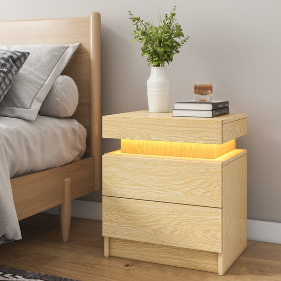 Hommpa 2 Drawers RGB LED Nightstand Modern High Gloss Bedside Table Cabinet for Bedroom Woodgrain Color