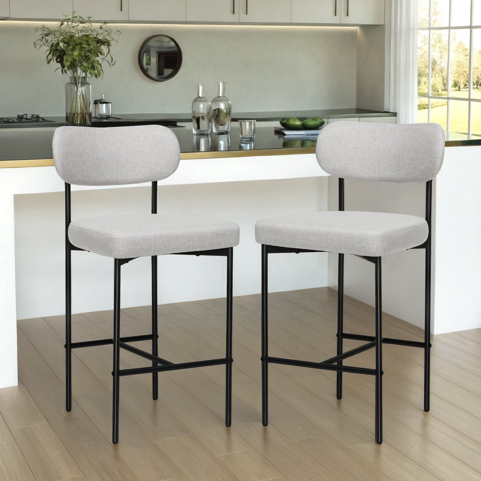 Hommpa Bar Stools Chairs Set of 2, 26" Beige Fabric Kitchen Counter Stools with Curved Back and Footrest, Fabric Counter Height Bar Chair for Kitchen Island