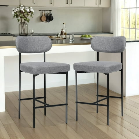 Hommpa Bar Stools Chairs Set of 2, 26" Gray Fabric Kitchen Counter Stools with Curved Back and Footrest, Fabric Counter Height Bar Chair for Kitchen Island