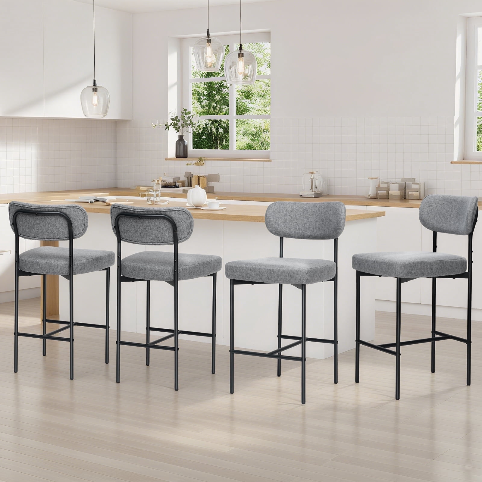 Hommpa Bar Stools Chairs Set of 4, 26" Gray Fabric Kitchen Counter Stools with Curved Back and Footrest, Fabric Counter Height Bar Chair for Kitchen Island