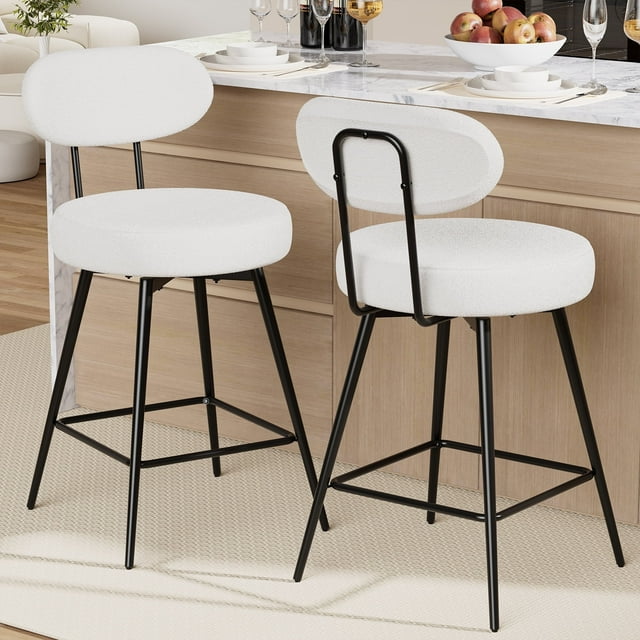 Hommpa 26" Swivel Bar Stools Set of 2 with Back Upholstered Counter Height Modern Boucle Bar Chairs with Metal Frame & Footrest 360° Swivel Dining Pub Chairs for Kitchen Island