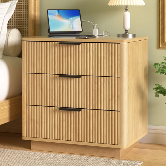 Hommpa 3 Drawers Fluted Nightstand with Charging Station, 23" Large Modern Bedside Table End Side Table for Bedroom Living Room Sofa Office, Night Stand with Storage Drawers, Curved Profile Design