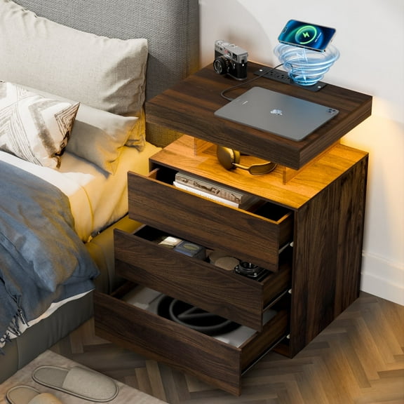 Hommpa 3 Drawers Nightstand Wireless Charging Station LED Bedside Table Dark Walnut Night Table Modern Smart Nightstand High Gloss End Side Table for Bedroom Furniture 26.8" Tall