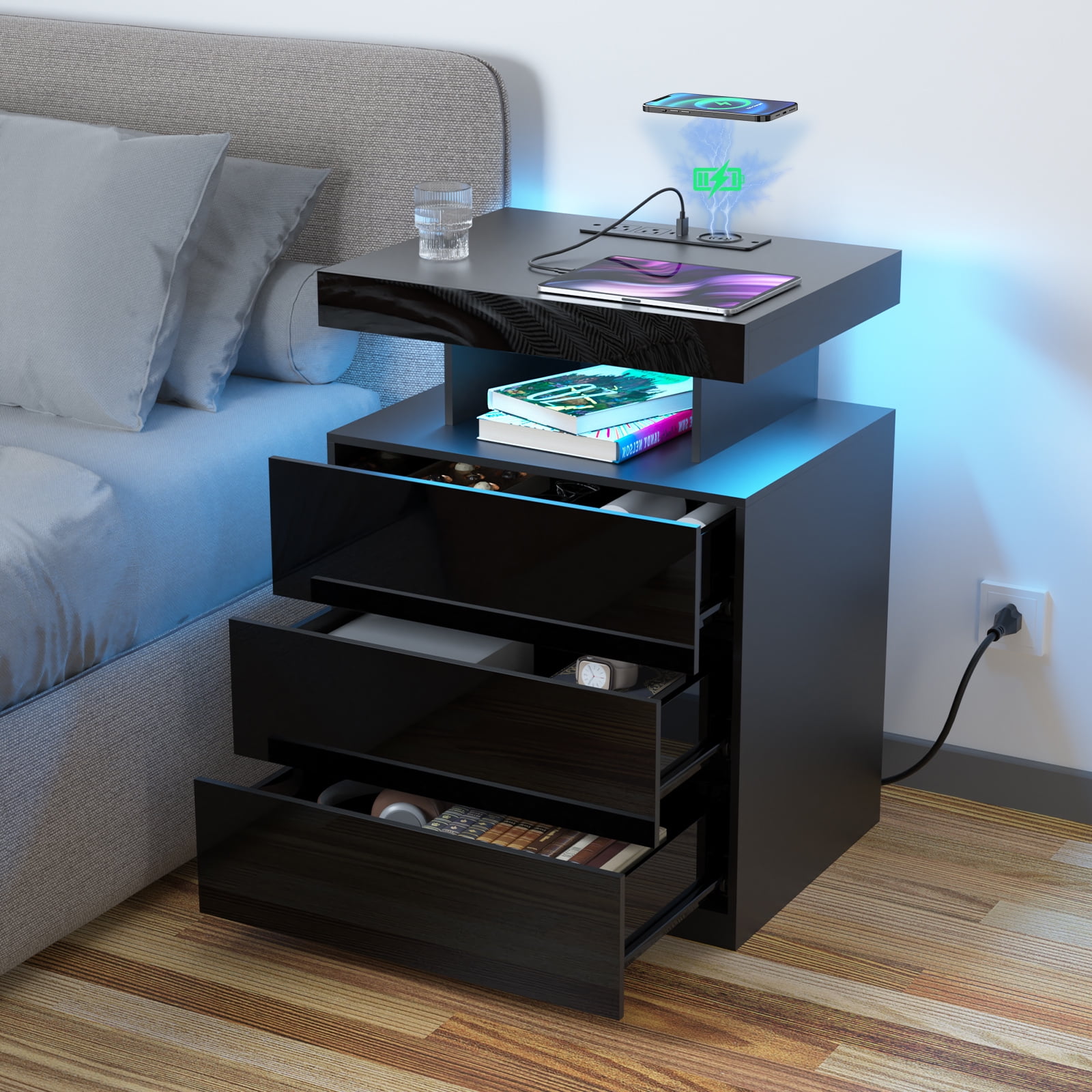 Hommpa 3 Drawers Nightstand With Wireless Charging Station large Tall
