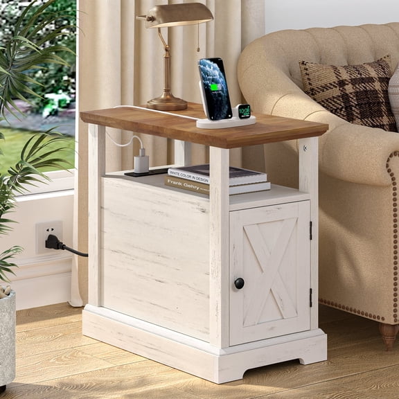 Hommpa Farmhouse Narrow End Table with Charging Station, Sofa Side Table with Barn Door and Storage Shelf for Small Spaces, Nightstand Bedside Table for Living Room, Bedroom, Rustic White