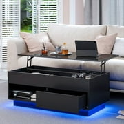 Hommpa 40 Lift Top Coffee Table with LED Lights Modern High Gloss End Table with Rising Top, Hidden Storage Drawer & Open Shelf