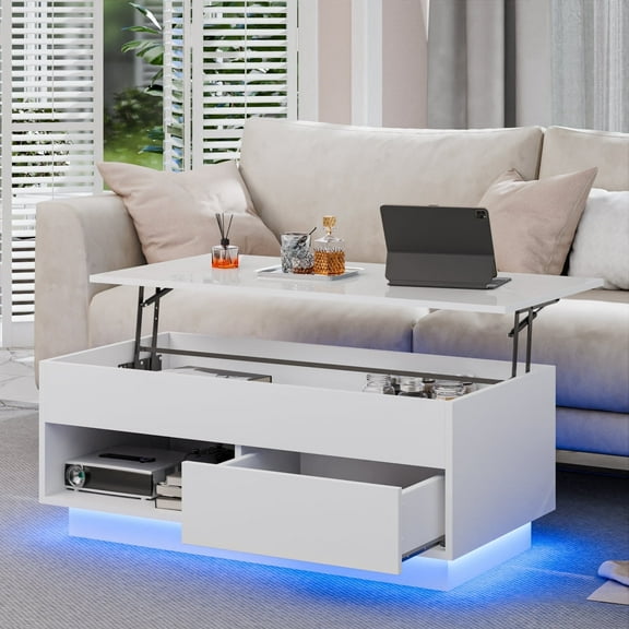 Hommpa 40'' Lift Top Coffee Table with LED Lights Modern High Gloss End Table with Rising Top, Hidden Storage Drawer & Open Shelf