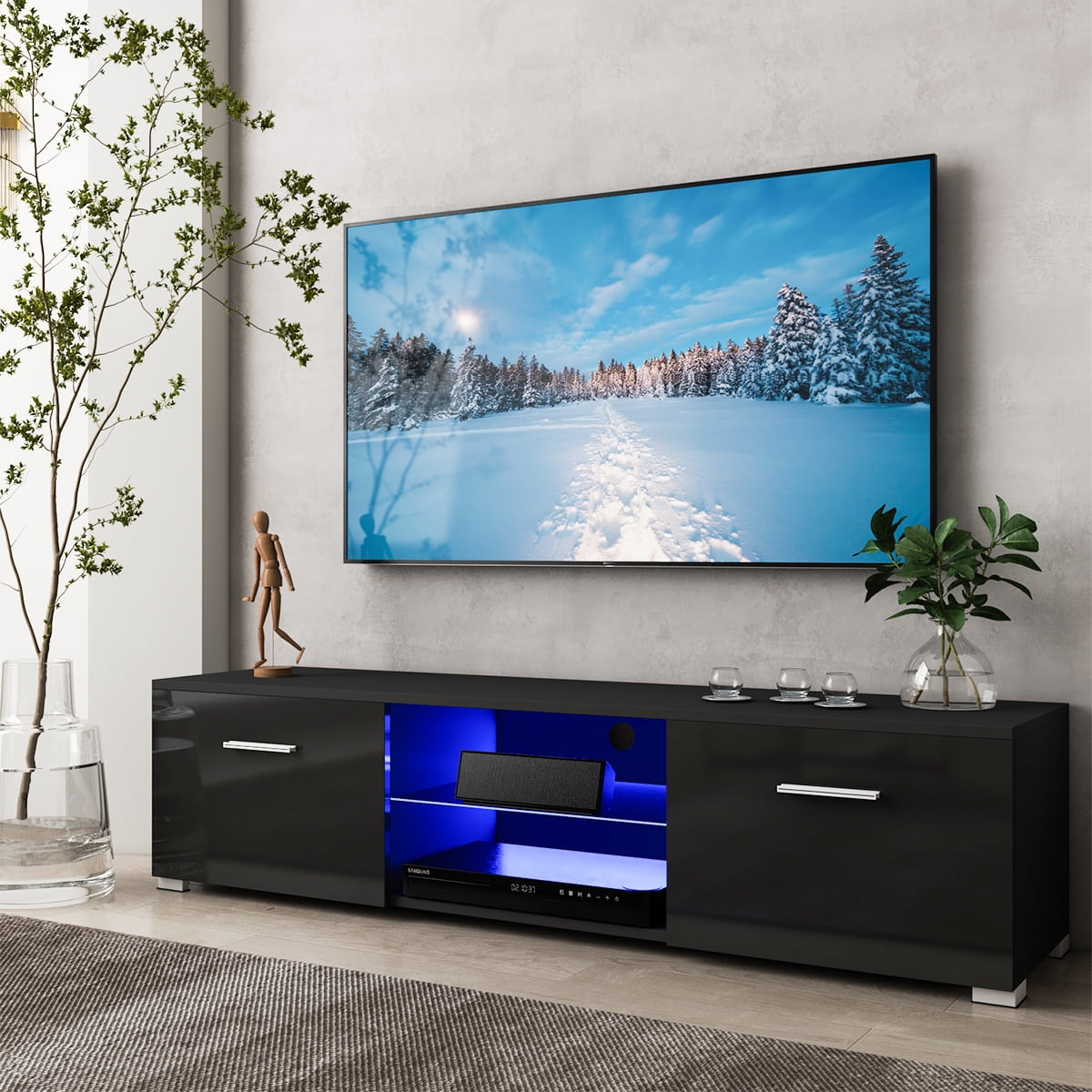 Hommpa 57'' TV Stand LED Media Console High Gloss TV Cabinet Gaming  Entertainment Center for TVs up to 65'' with 2 Open Shelves and 2 Drawers  for