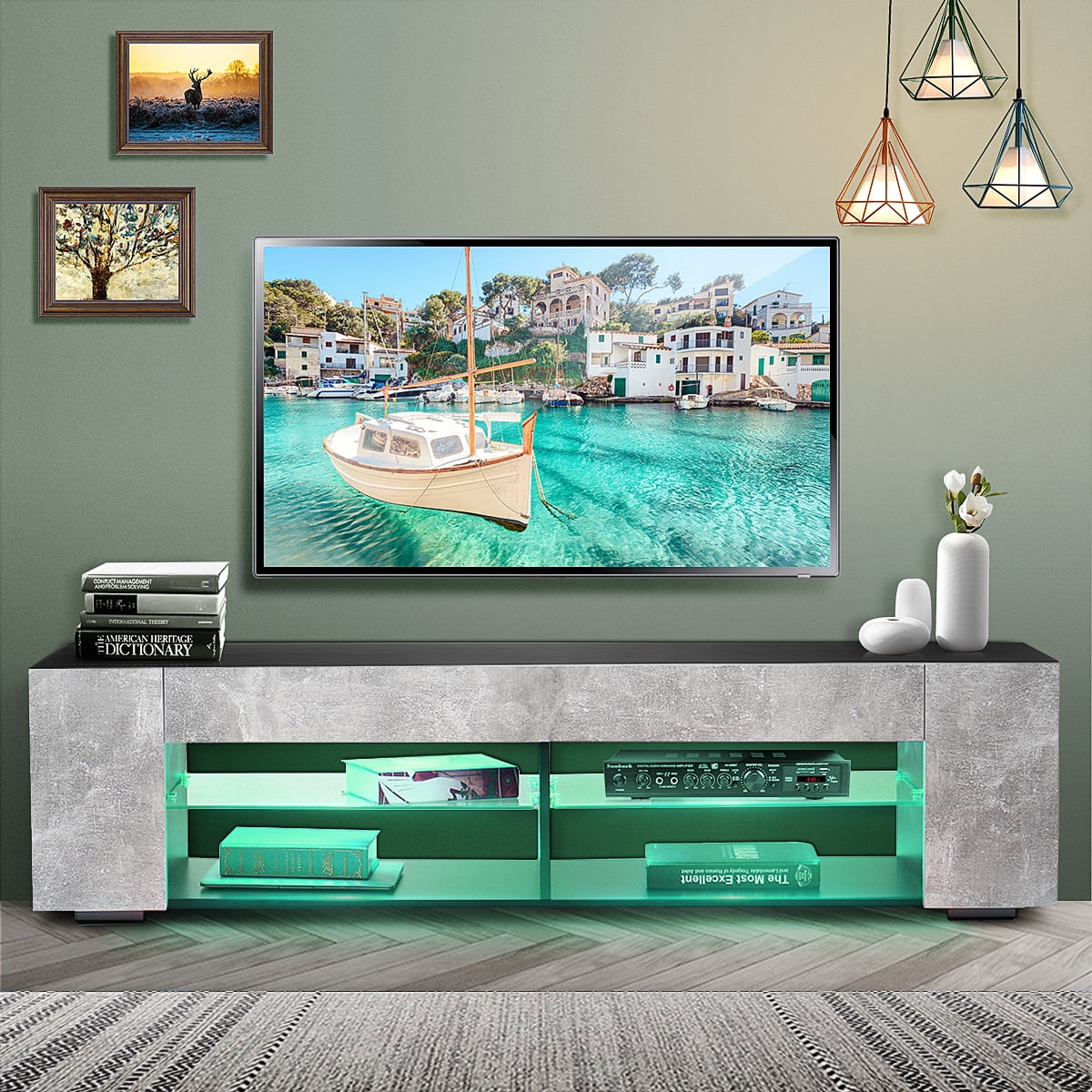 Hommpa TV Stand for TVs up to 65'' Wtih RGB LED Lights 2 Shelves 2 Drawers  Entertainment Center Modern TV Cabinet Console Table