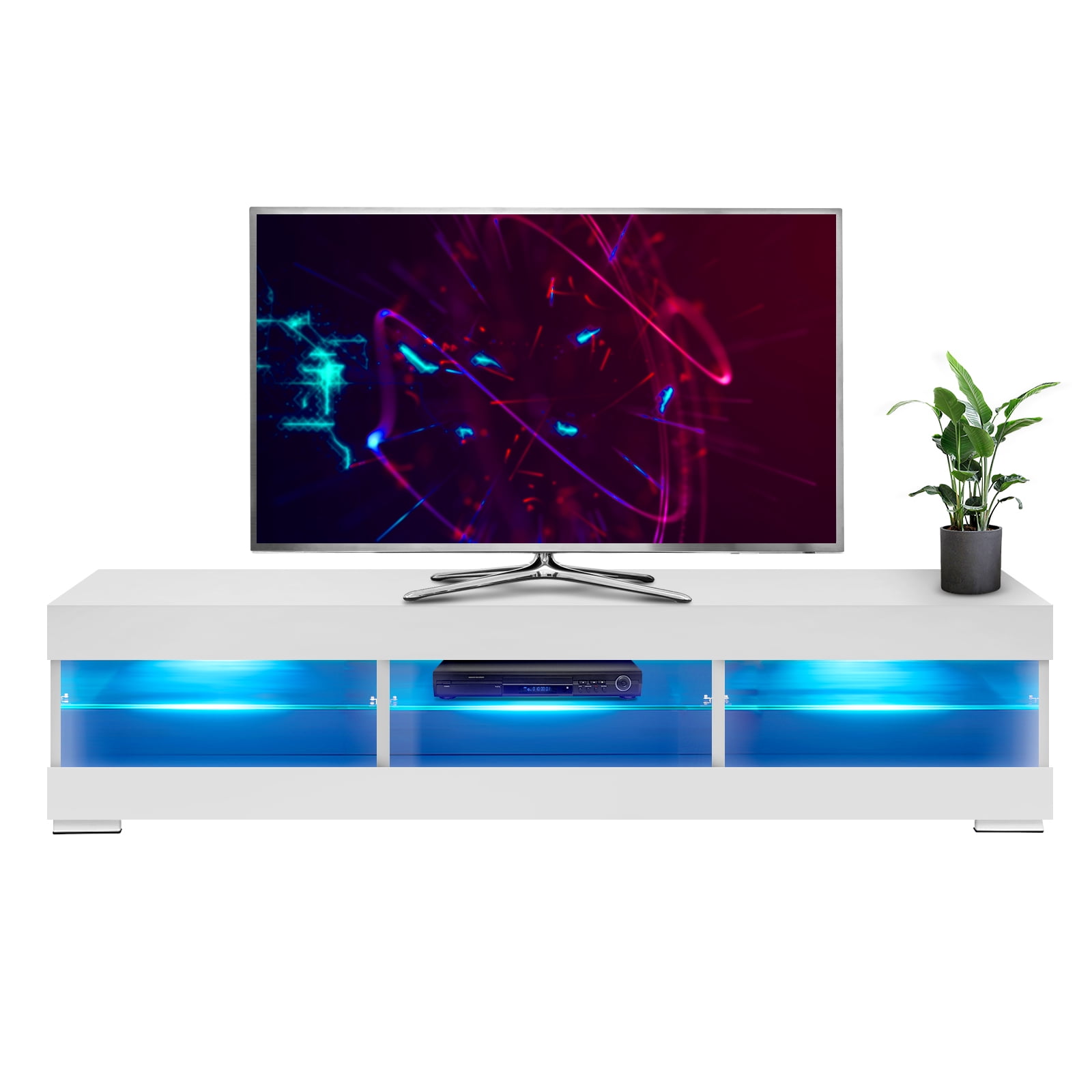  HOMMPA Soporte de TV LED para televisores de 65 pulgadas,  moderno centro de entretenimiento LED de 57 pulgadas con luces LED, consola  de TV pequeña, mesa multimedia con estantes de vidrio