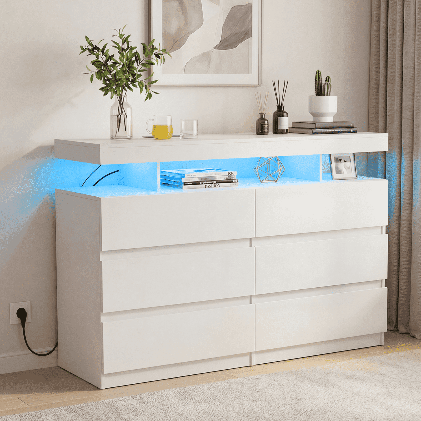 Hommpa White LED 6 Drawers Dresser for Bedroom, Chest of Drawers with Charging Station and LED Lights, TV Stand Tall Dresser for Closet, Wooden Modern Storage Cabinet for Living Room, Entryway