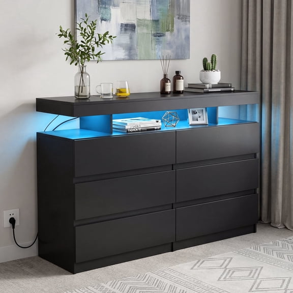 Hommpa Black LED 6 Drawers Dresser for Bedroom, Chest of Drawers with Charging Station and LED Lights, TV Stand Tall Dresser for Closet, Wooden Modern Storage Cabinet for Living Room, Entryway
