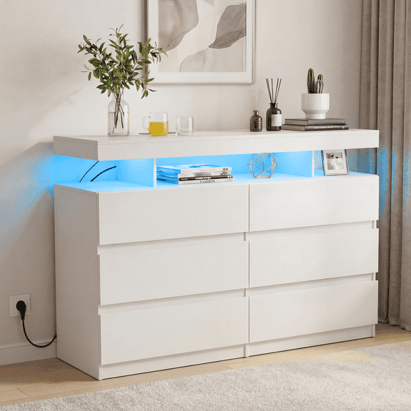 Hommpa White LED 6 Drawers Dresser for Bedroom, Chest of Drawers with Charging Station and LED Lights, TV Stand Tall Dresser for Closet, Wooden Modern Storage Cabinet for Living Room, Entryway