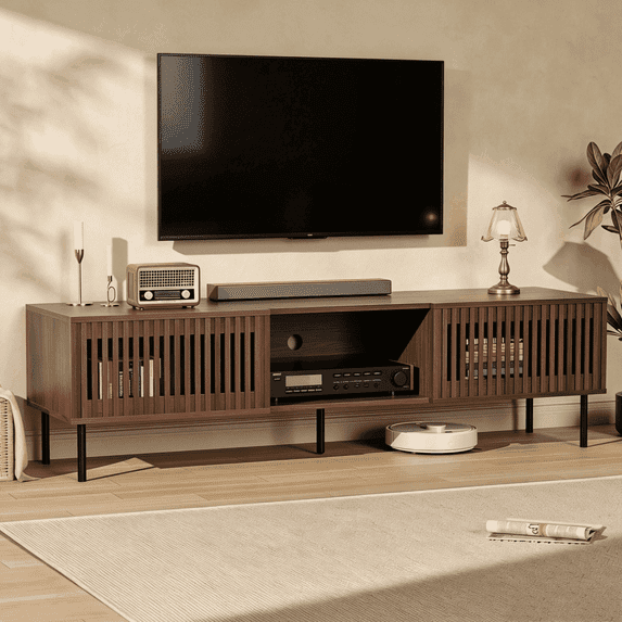 Hommpa TV Stand for 55 65 70 inch TV with 2 Slatted Doors, Mid Century Modern TV Console for Living Room Bedroom, Storage Cabinets Open Shelf Entertainment Center for Gaming Media Console, Walnut