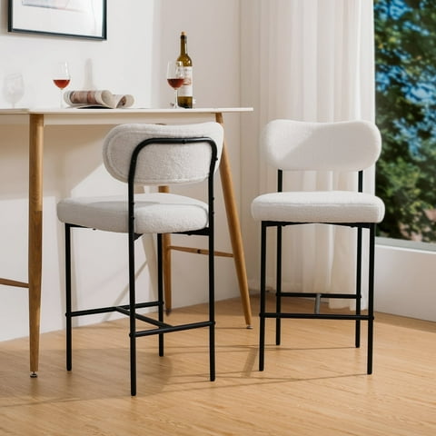 Hommpa Bar Stools Set of 2 with Back & Footrest 26" Counter Height Barstools Boucle Bar Chairs Modern Pub Chairs White Plush for Kitchen Island Bistro Coffee Shop Mid Back