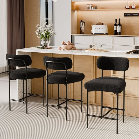 Hommpa Bar Stools Set of 3 with Back & Footrest 26" Counter Height Barstools Boucle Bar Chairs Modern Pub Chairs Black Plush for Kitchen Island Bistro Coffee Shop Mid Back