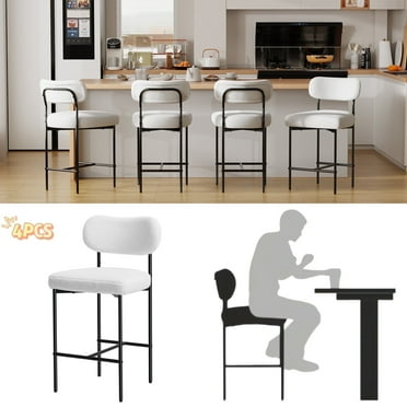 Hommpa Bar Stools Set of 4 with Back & Footrest 26" Counter Height Barstools Boucle Bar Chairs Modern Pub Chairs White Plush for Kitchen Island Bistro Coffee Shop Mid Back