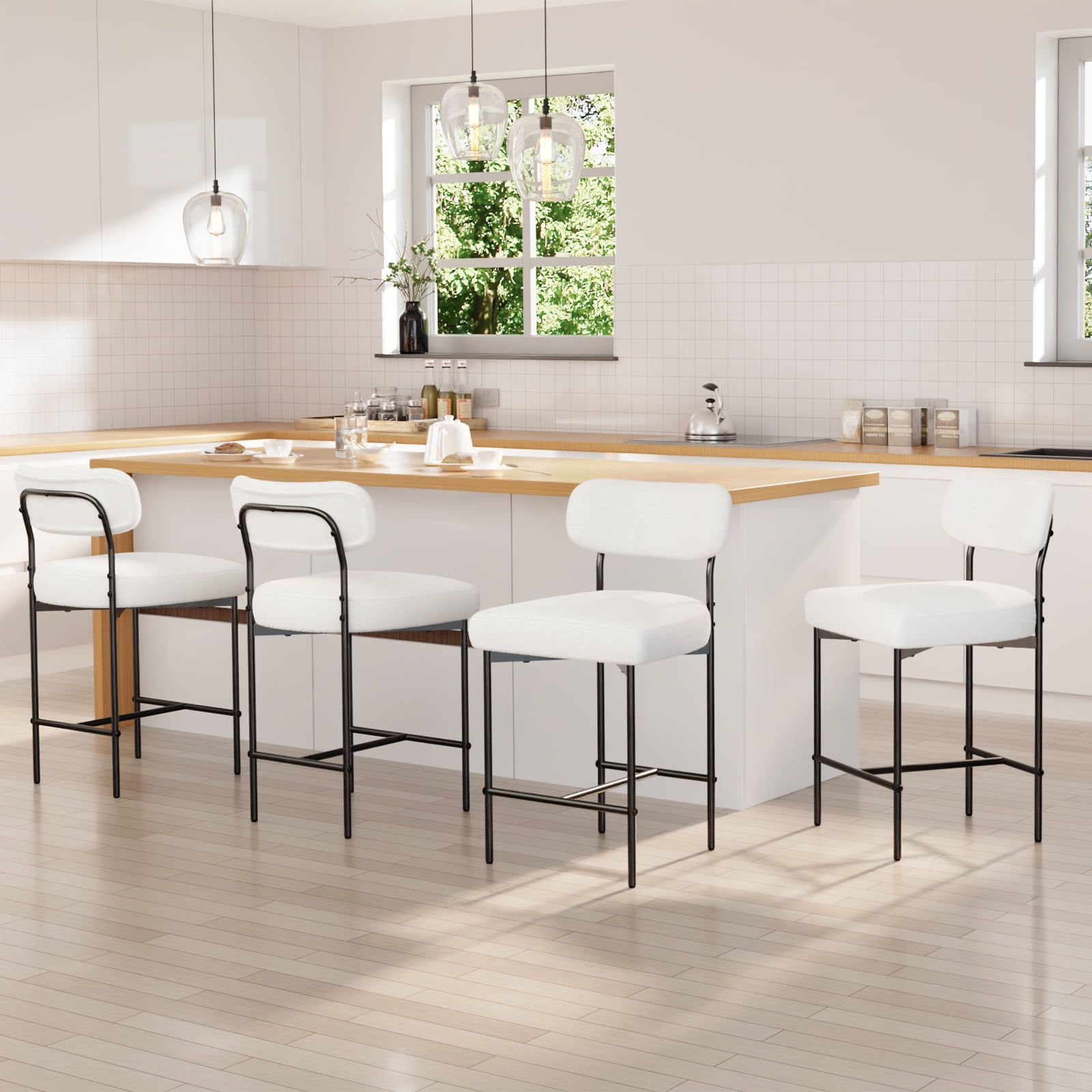 Hommpa Bar Stools Set of 4 with Back & Footrest 26" Counter Height Barstools Boucle Bar Chairs Modern Pub Chairs White Plush for Kitchen Island Bistro Coffee Shop Mid Back