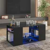 Hommpa Black Coffee Table with LED Lights Living Room Table Glass Open Shelves High Gloss Rectangle Center Table Sofa Side Cocktail Tables