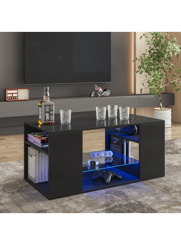 Hommpa Black Coffee Table with LED Lights Living Room Table Glass Open Shelves High Gloss Rectangle Center Table Sofa Side Cocktail Tables