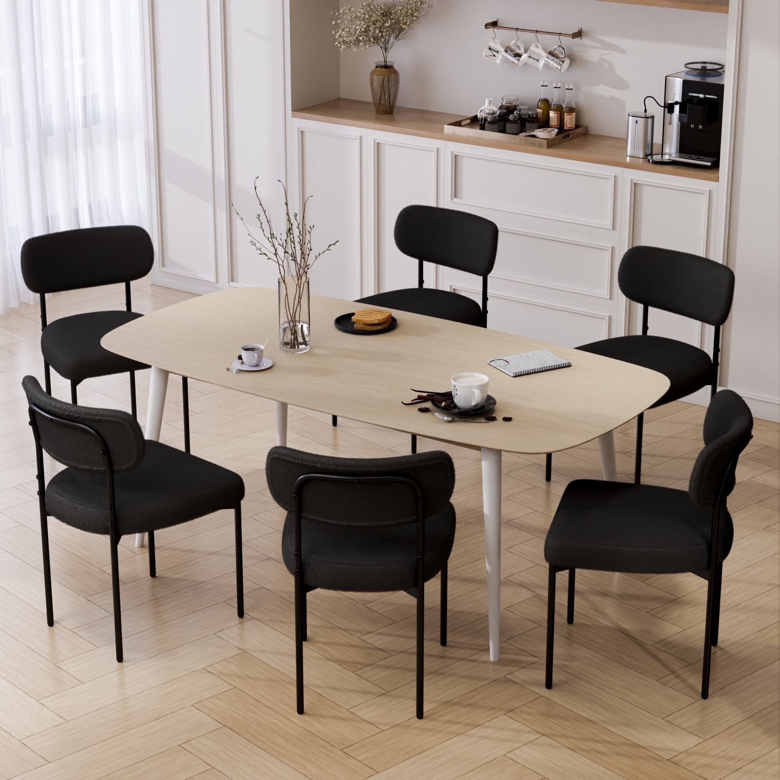 Hommpa Boucle Dining Chairs Set of 6 Modern Upholstered Kitchen Dining Room Chairs with Backrest & Metal Legs Accent Side Chairs Black for Dining Kitchen Living Room Bedroom