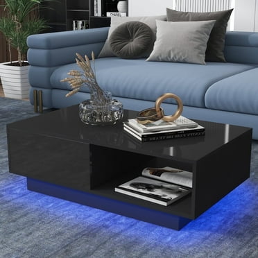 Hommpa Coffee Table with 2 Drawers Open Shelf LED Center Cocktail Side Table Black High Gloss Finish