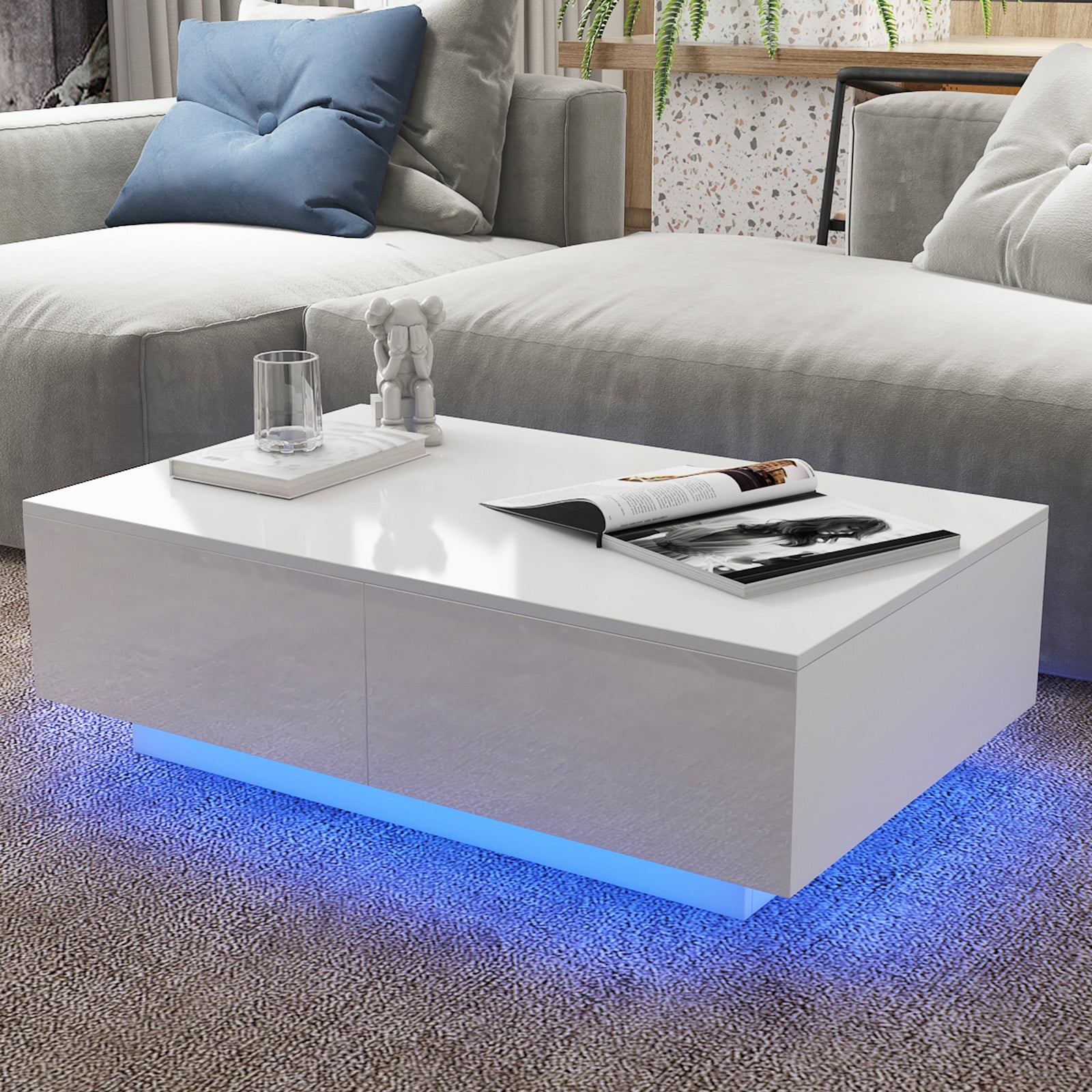 Hommpa Coffee Table with 4 Drawers LED Center Table Sofa Side Tea Tables  White High Gloss Finish