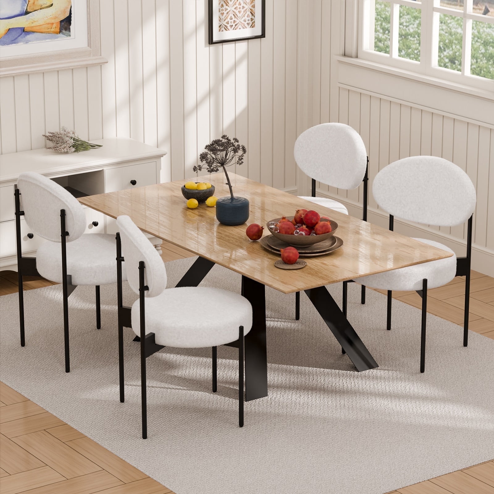 Hommpa Dining Chairs Set of 4 Upholstered Mid-Century Modern Accent Chairs with Back & Boucle Fabric & Metal Legs Stackable for Home Dining Room Kitchen Living Room